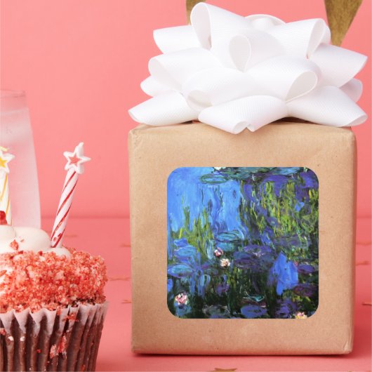Claude Monet: Water-Lilies, blauwe indigo Vierkante Sticker (Feest)