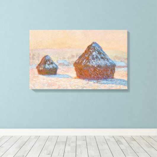 Claude Monet - Wheatstacks, Sneeuweffect, Morning Canvas Afdruk (Insitu (Houten vloer))