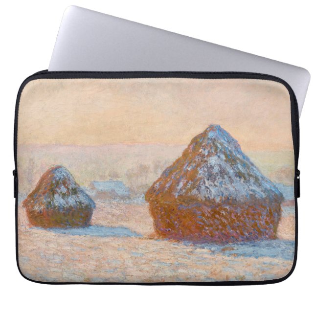 Claude Monet - Wheatstacks, Sneeuweffect, Morning Laptop Sleeve (Voorkant)