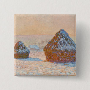 Claude Monet - Wheatstacks, Sneeuweffect, Morning Vierkante Button 5,1 Cm
