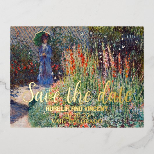 Claude Monets bloembed schilderij save the date Folie Uitnodiging Briefkaart (Voorkant)