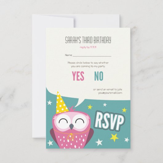Claudette the Owl Kids Birthday Party RSVP (Voorkant)