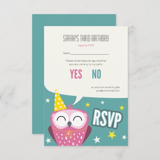 Claudette the Owl Kids Birthday Party RSVP (Voorkant / Achterkant)