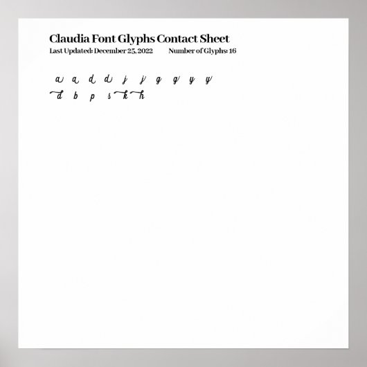 Claudia Font Glyphs Contactblad Poster (Voorkant)