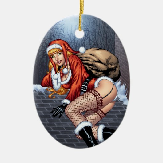 Claus on the Rooftop Delivering Santas Cadeaus Keramisch Ornament (Voorkant)