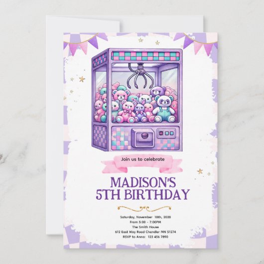 Claw machine arcade party invitation kaart (Voorkant)