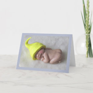 Clay Baby Sleeping on Tummy, Elf Hat, Sculpture Kaart