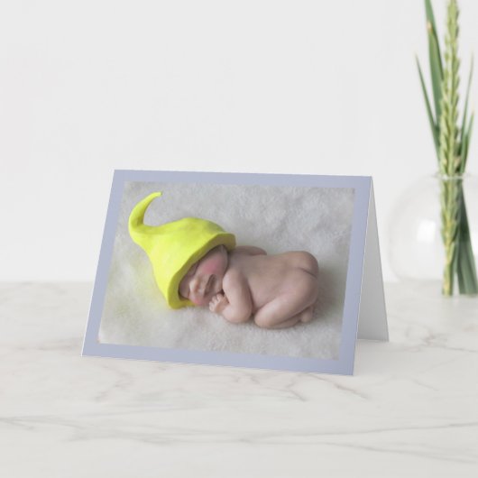 Clay Baby Sleeping on Tummy, Elf Hat, Sculpture Kaart (Voorkant)