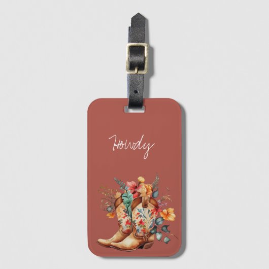 Clay Brown Bloemen Cowgirl Laarzen Bagagelabel (Voorkant (verticaal))