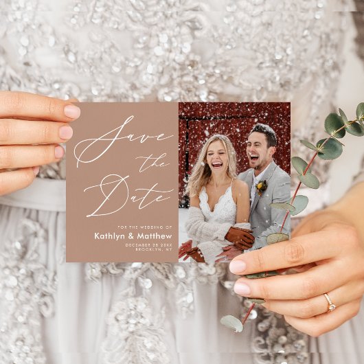 Clay Elegant Manuscript Moderne Foto sparen de Dat Aankondigingskaart