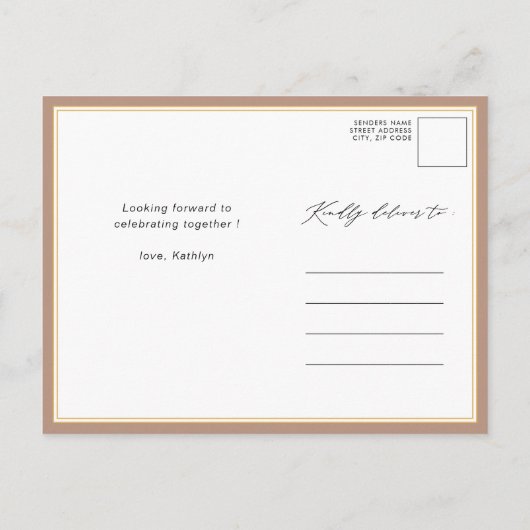 Clay Elegant Script Modern Simple Vrijgezellenfees Uitnodiging Briefkaart (Achterkant)