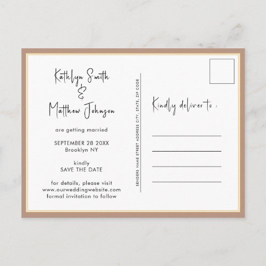 Clay Fun Script Modern Photo Minimalist Wedding Sa Aankondigingskaart (Achterkant)