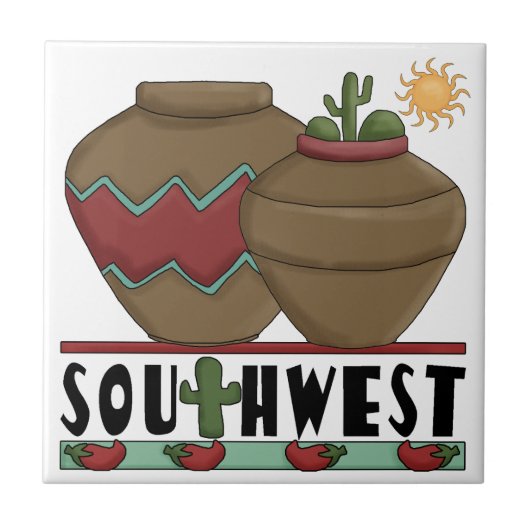 Clay Pottery, Cactus Planten, Chilis - Southwest Tegeltje (Voorkant)