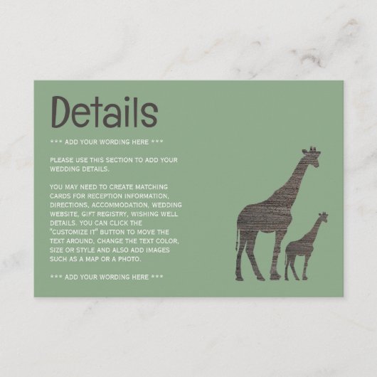 Clay Safari Giraffe, rustieke bruiloft detail Informatiekaartje (Voorkant)