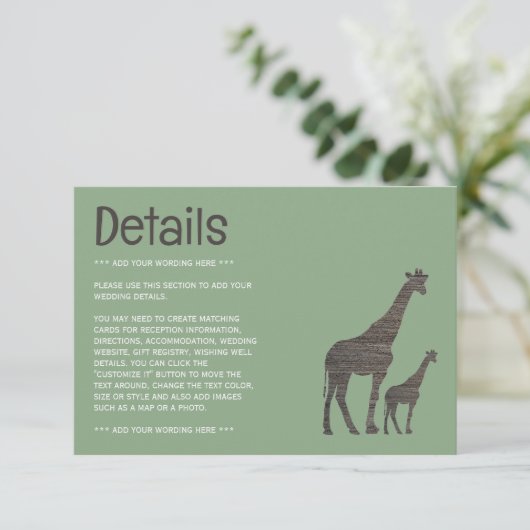 Clay Safari Giraffe, rustieke bruiloft detail Informatiekaartje (Staand voorkant)