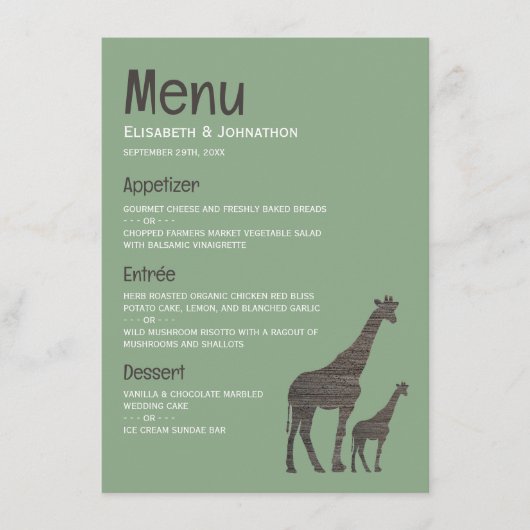 Clay Safari Giraffe, rustieke bruiloft Menu (Voorkant)