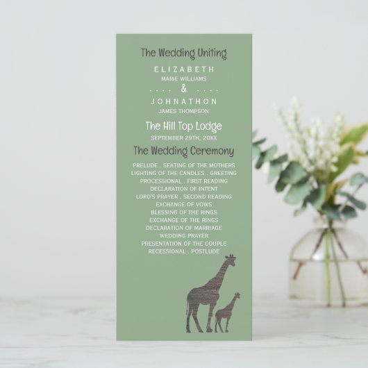 Clay Safari Giraffe, rustieke bruiloft Programmakaart (Staand voorkant)