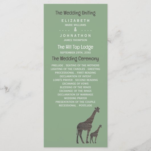 Clay Safari Giraffe, rustieke bruiloft Programmakaart (Voorkant)