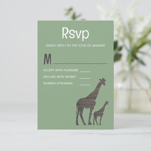 Clay Safari Giraffe, rustieke bruiloft RSVP Kaartje (Staand voorkant)