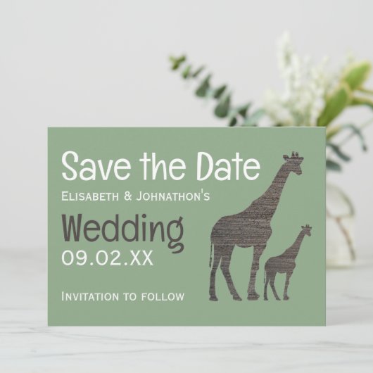 Clay Safari Giraffe, rustieke bruiloft Save The Date (Staand voorkant)