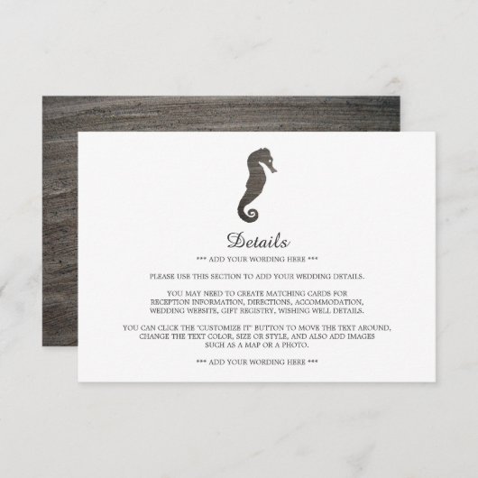 Clay Seahorse Beach Trouwdetail Informatiekaartje (Voorkant / Achterkant)