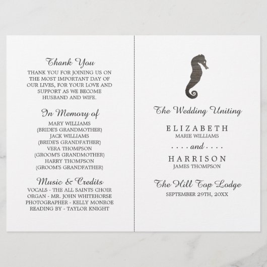 Clay Seahorse Beach Wedding Programme (Voorkant)