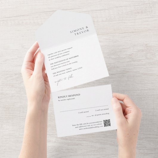 Clean Black and White QR Code Modern Wedding All In One Uitnodiging (Afscheurbaar)