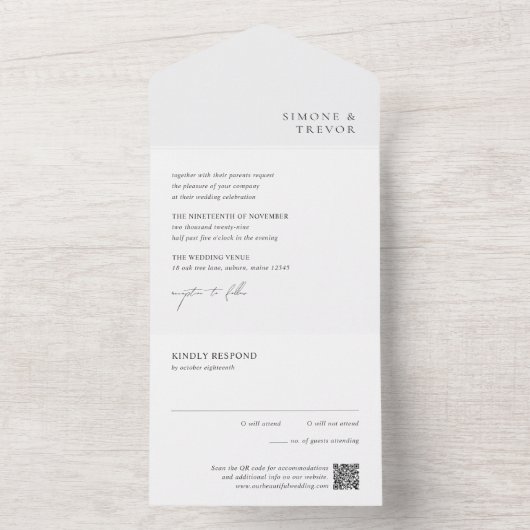Clean Black and White QR Code Modern Wedding All In One Uitnodiging (Binnen)