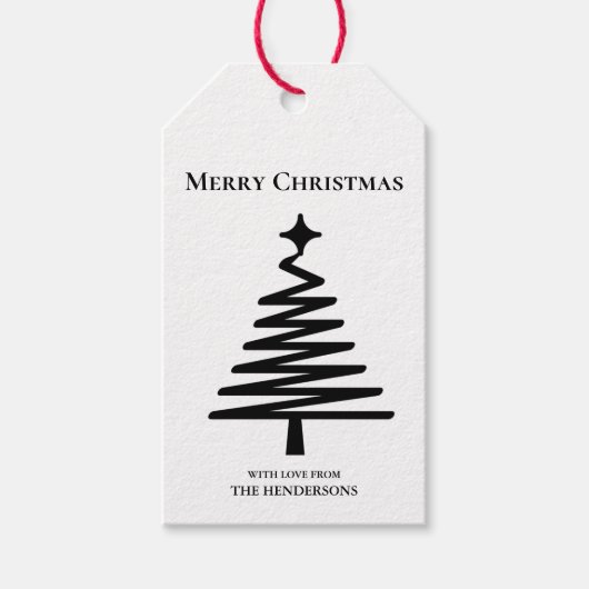 Clean Black & White Kerstboom Vakantie Cadeaulabel (Voorkant)