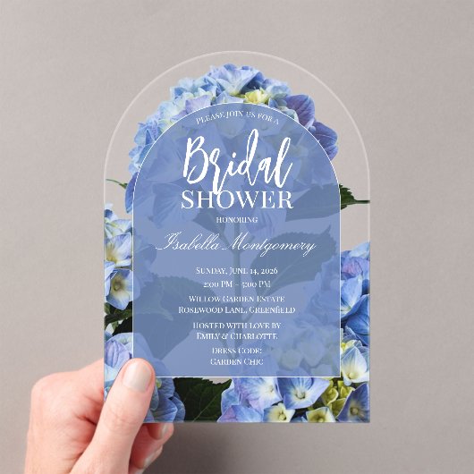 Clean Blue Hydrangea Floral Bridal Shower Acryl Uitnodigingen (Insitu (Draagbaar))