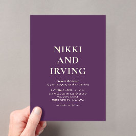 Clean Bold Fonts Paarse bruiloft Acryl Uitnodigingen