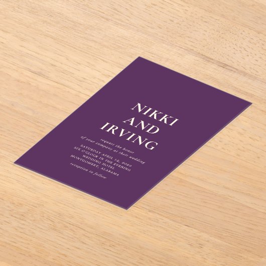Clean Bold Fonts Paarse bruiloft Acryl Uitnodigingen (Laagn)