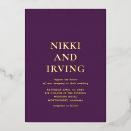 Clean Bold Fonts Paarse bruiloft Folie Uitnodiging