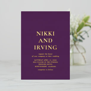 Clean Bold Fonts Paarse bruiloft Folie Uitnodiging