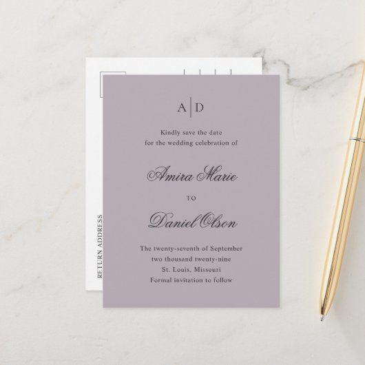 Clean Dusty Lila Classic Wedding Save the Date Aankondigingskaart (Voorkant / Achterkant in situ)