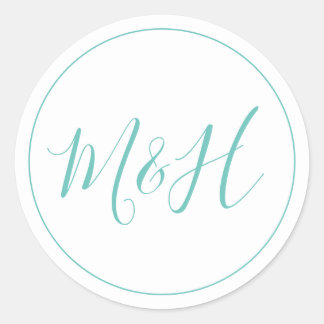 Clean Elegant Monogram Blauwgroen Weddenschap Ronde Sticker