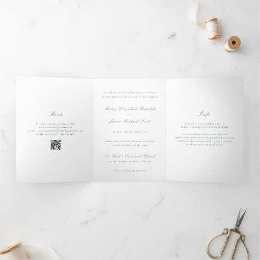 Clean Emerald Green QR Code Elegante bruiloft Drieluik Uitnodiging (Binnen)