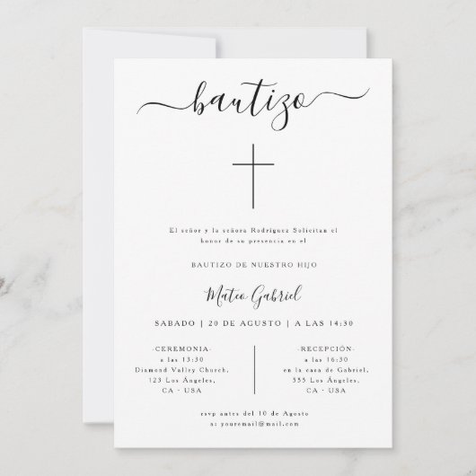 Clean Formele Spaanse doop Zwart & Wit Bautizo Kaart (Voorkant)