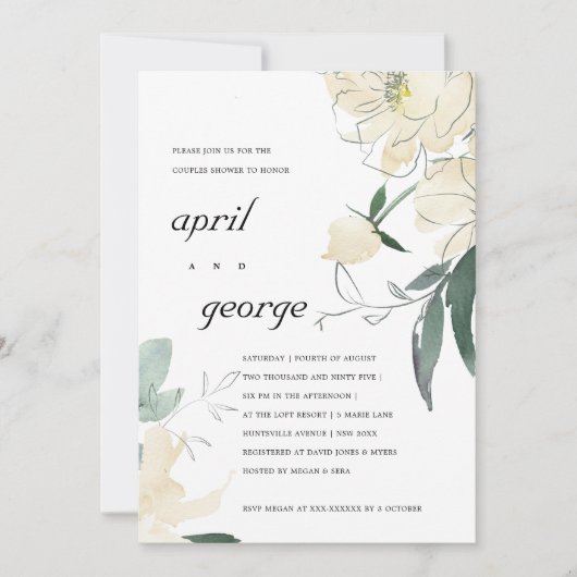CLEAN IVORY GREEN FLORAL COUPLES SHOWER INVITE BEDANKKAART (Voorkant)