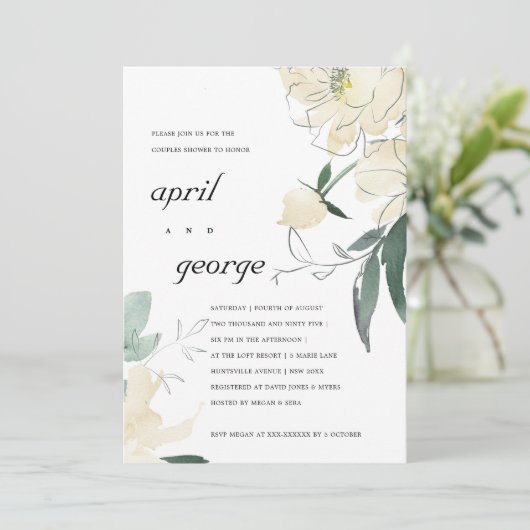 CLEAN IVORY GREEN FLORAL COUPLES SHOWER INVITE BEDANKKAART (Staand voorkant)