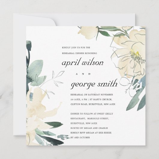 CLEAN IVORY GREEN FLORAL REHEARSAL DINNER INVITE BEDANKKAART (Voorkant)