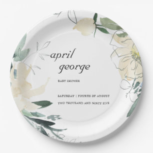 CLEAN IVORY GREEN FLORAL WATECOLOR BABY SHOWER PAPIEREN BORDJE