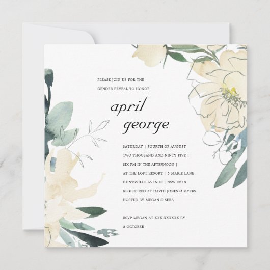 CLEAN IVORY WHITE GREEN FLORA GENDER REVEAL INVITE BEDANKKAART (Voorkant)