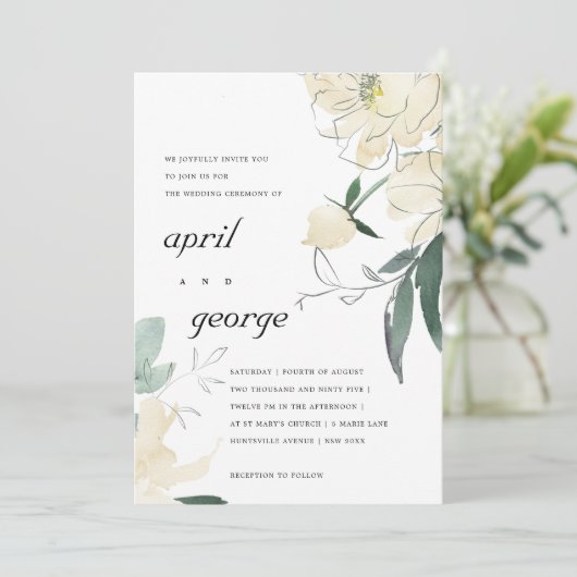 CLEAN IVORY WITTE WATERVERF FLORAL WEDDING INVITE BEDANKKAART (Staand voorkant)