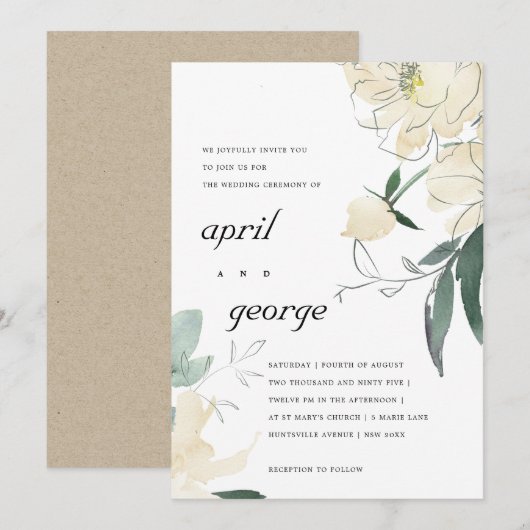 CLEAN IVORY WITTE WATERVERF FLORAL WEDDING INVITE BEDANKKAART (Voorkant / Achterkant)
