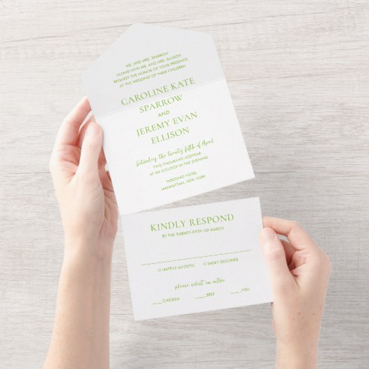 Clean Lime Green Elegant Wedding All In One Uitnodiging (Afscheurbaar)