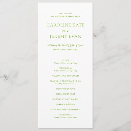 Clean Lime Green Elegant Wedding Programmakaart (Voorkant)