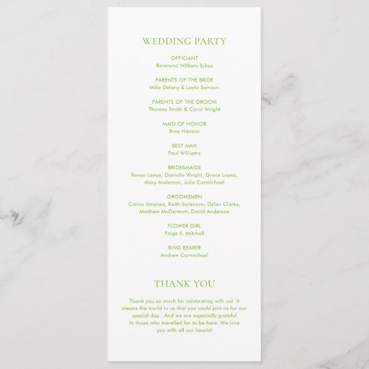 Clean Lime Green Elegant Wedding Programmakaart (Achterkant)