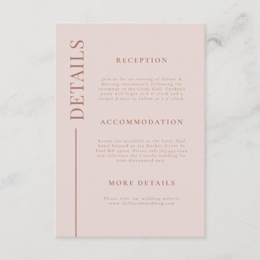 Clean Line Blush Roze Bruiloft Details Informatiekaartje (Voorkant)