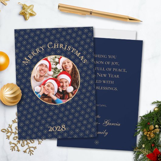 Clean Midnight Blue Gold Snowflakes Kerst Feestdagenkaart